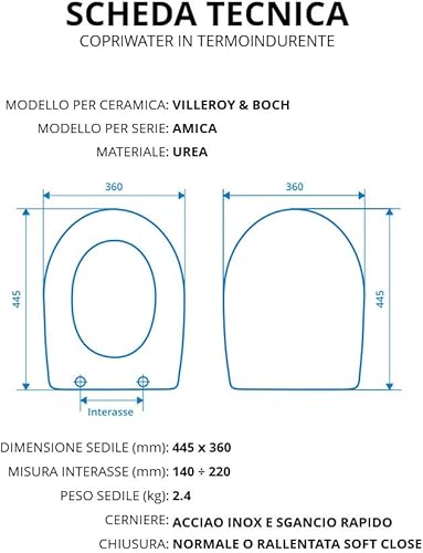 Copriwater per VILLEROY & BOCH AMICA TERMOINDURENTE BIANCO cerniera inox normale o rallentata soft close - Honorern