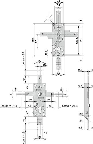 Serratura corazzabile multipunto per porte basculanti interasse 70 mm Viro - 4 punti di chiusura - Honorern