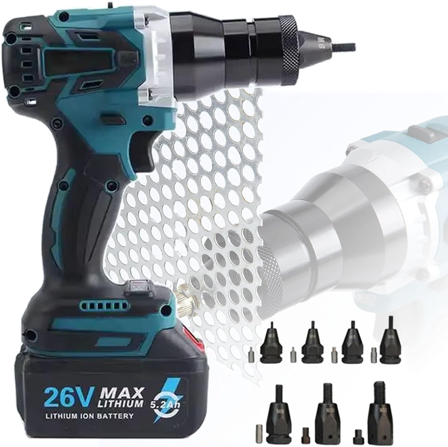 Set di pistola elettrica senza fili, pistola rivettatrice automatica portatile, kit professionale con batteria da 5200 mAh e custodia per il trasporto per dadi M3/M4/M5/M6/M8/M10/M12 - Honorern