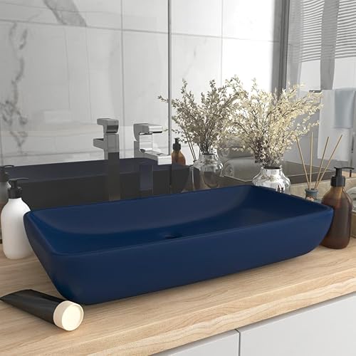 Lavabo Lusso Rettangolare Blu Scuro Opaco 71x38 cm in Ceramica-Lavandino di Appoggio Design Moderno,Lavabo ad incasso in ceramica,Rettangolare,Finitura Bianco Lucido,Lavamani senza Piletta,Baci - Honorern