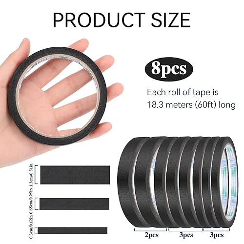Fine Line, 8 rotoli di nastro per mascheratura, nastro adesivo nero, nastro per lavori di bricolage, etichette (larghezza 3/6,5/13 mm) - Honorern