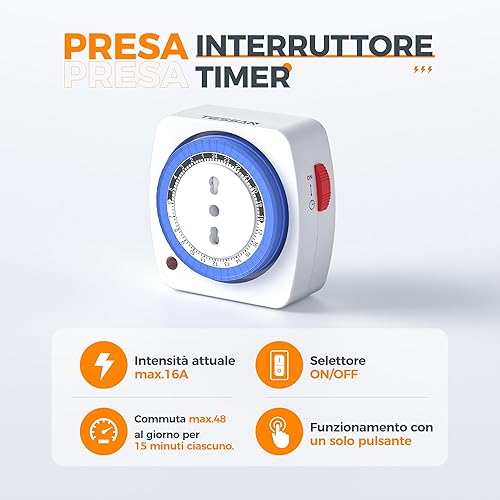 TESSAN Timer Presa Elettrica Meccanico 24 Ore, Temporizzatore Presa Elettrica 3680W, Ciclo Giornaliero Programmatore Temporizzata Programmabile 96 Segmenti, Intervallo 15 Minuti, per Lampade - Honorern