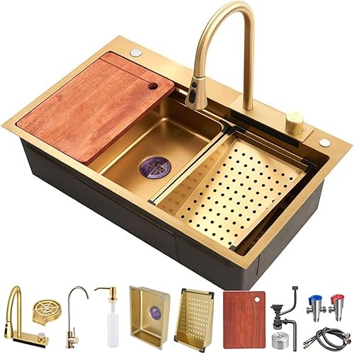 80x50cm Lavandino Cucina, Cascata Lavello Cucina, 1 Vasche In Acciaio Inox Nero Rettangolare, Lavello Cucina Multifunzione Per Workstation, Accessori Completi - Honorern