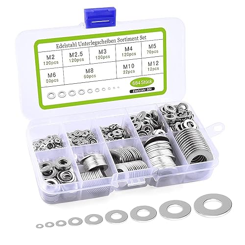Set di rondelle in acciaio inox, 684 pezzi, rondelle piatte, set di dischi di sicurezza, con una scatola assortita. Totale 9 diverse dimensioni (M2 M2.5 M3 M4 M5 M6 M8 M10 M12) - Honorern