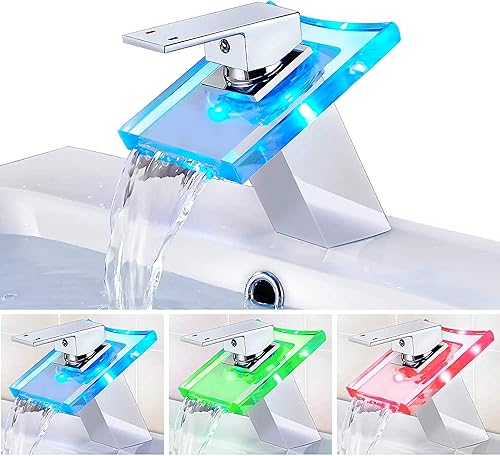 RGB LED Rubinetto di Vetro Elegante Cromata Cascata Bacino del Miscelatore e Bacino per Il Bagno Cucina - Honorern
