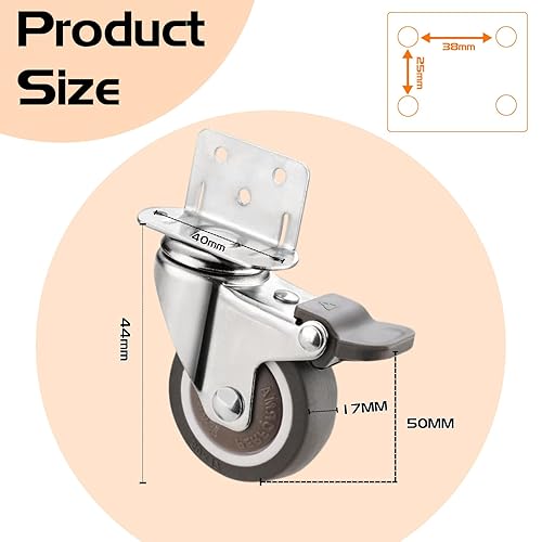 Rotelle per Mobili Pesanti 50MM, 4 Pcs Ruote per Carrello Ruote Girevoli con Freno, Piastra di Montaggio a L, per Supporti Fiori e Culle - Honorern