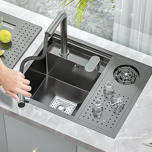 Lavello da incasso nero opaco, 55 x 45 cm, invisibile, lavello da cucina, lavello in acciaio inox, con rubinetto di sollevamento estraibile e funzione di lavaggio bicchiere. - Honorern