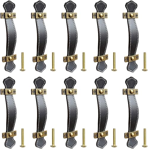 Maniglie per Mobili in Pelle, 10 Pezzi Pomelli in Cuoio per Mobili, Maniglie Cuoio per Cassetti, Pomello per Porte di Pelle, Tiretti per Mobili Armadietti Cucina e Porta, con Viti(Distanza Fori 128mm) - Honorern