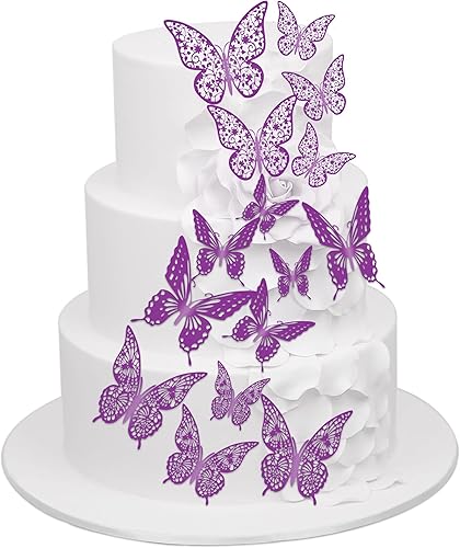 Confezione da 36 decorazioni per cupcake a forma di farfalla in 3D viola con glitter, decorazioni per torte di compleanno, matrimonio, farfalla, adesivo da parete per sfondo decorazione da parete - Honorern