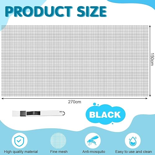 Zanzariera Rete in Fibra di Vetro, Zanzariera a Rete per Finestre 150 * 270cm Ricambio Rete Zanzariera per Finestra Resistente a Raggi UV con 1 Spazzola per la Pulizia 2 in 1 (Nero) - Honorern