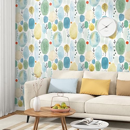 Yullpaper Carta Da Parati Adesiva Muro Floreale Moderna Pellicola Adesiva Per Mobili Carta Da Parati Verde e Blu Per Soggiorno Bambini Motivo Floreale e Foglie Rivestimento Mobili Adesivo 44,5 x 300cm - Honorern