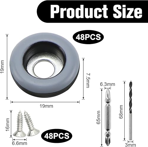 48 cuscinetti in teflon per mobili con vite Ø19 mm (rotondo) con 48 viti in acciaio inossidabile con 2 punte per mobili cursori per tappeti PTFE (Teflon) - Honorern