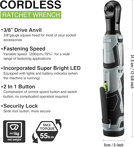 WORKPRO Chiave a Cricchetto Elettrica Senza Fili 12V, Chiave a Cricchetto a Batteria, 3/8', 55Nm, con 2 Batterie da 2,0Ah, 1 Caricabatterie Rapido, 1 Base di Ricarica e 9 Accessori per Bussola - Honorern