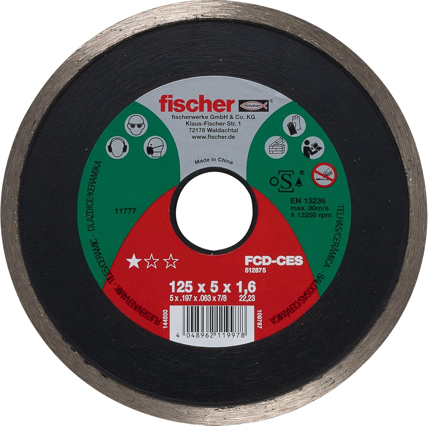 Fischer FCD-CES 125x2,2 DIA Disco da Taglio Diamantato Corona Continua per Taglio Preciso Piastrelle, per Smerigliatrice Angolare, 1 pz - Honorern