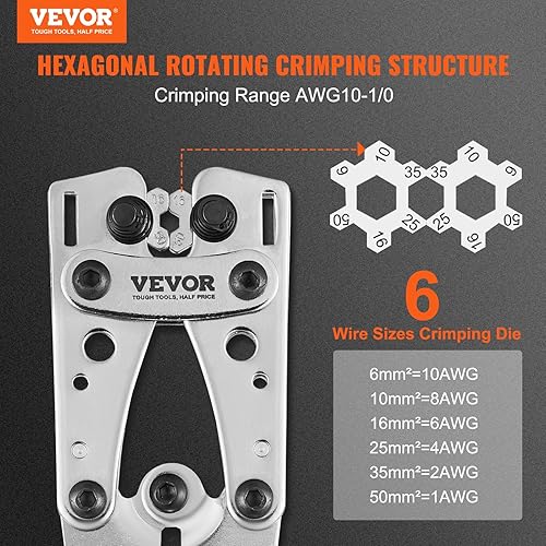 VEVOR Pinze Crimpatrice 6/10/16/25/35/50 mm² Pinza Capicorda per Terminali Batteria in Alluminio Rame AWG10-1/0, Pinza con Tagliacavo 6 Dimensioni Crimpatura 95 Connettori Anello Rame per Elettricista - Honorern
