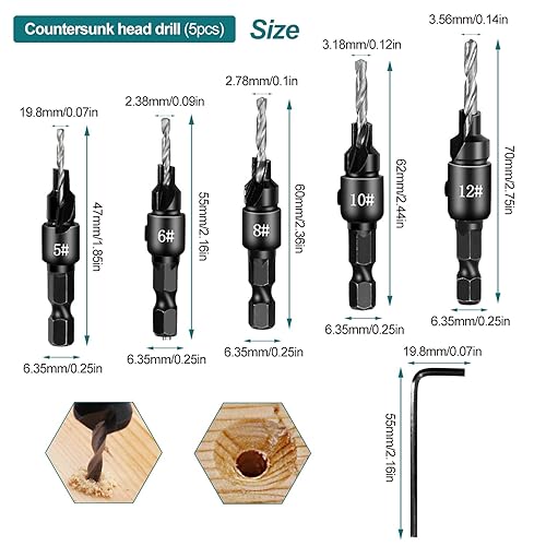 14 Pcs Fresa Legno Punte Trapano Kit,8 Pcs Frese per Tappi in Legno,5 Pcs 1/4 Punta con Svasatore per Legno, Con Chiave Angolare a L, per Legno Strumento di Elaborazione - Honorern