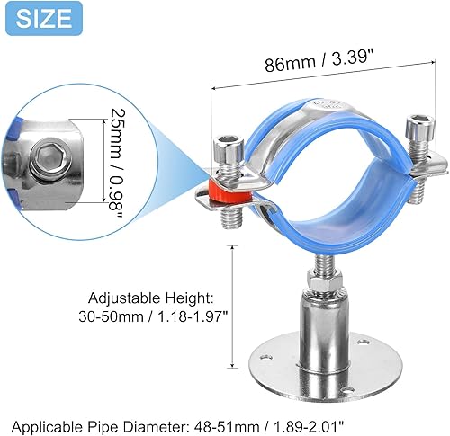 2pz Staffa di Supporto per Tubo per Montaggio a Soffitto per Montaggio a Parete in Acciaio Inossidabile, Altezza Regolabile 30-50mm per Tubo Od 48-51mm - Honorern