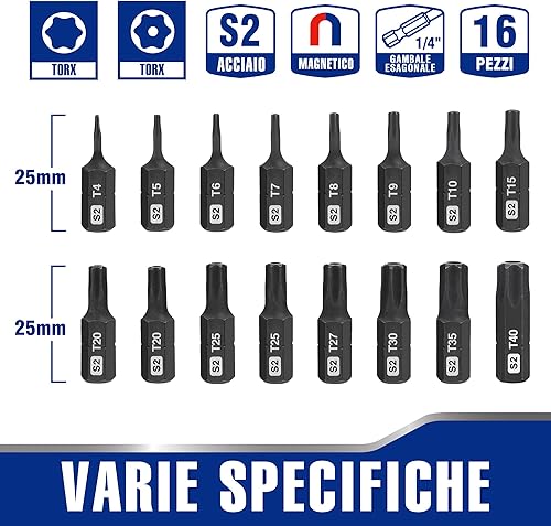 WORKPRO Set di 16 Punte Torx S2 da 25 mm, in Acciaio S2, CNC di Precisione Lavorata, Kit Smontaggio e Riparazione per Occhiali, Smartphone ed Elettronica - Honorern