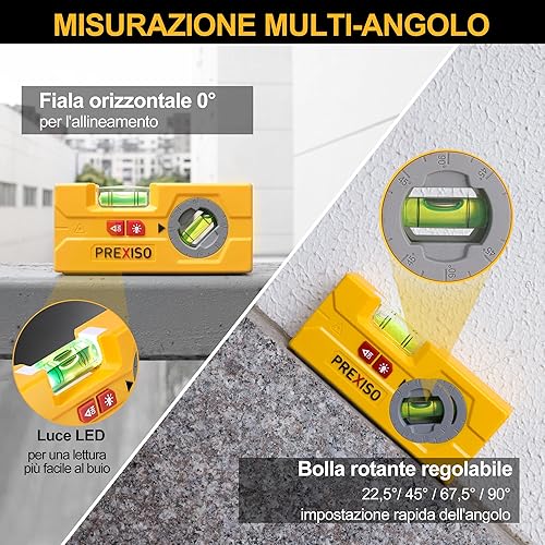 PREXISO Livella Laser 2 in 1, Livella Mini Torpedo con Luce LED, Livella Tascabile Magnetica Girevole & Livella Laser da 10 m per Appendere Quadri, Tracciare Pareti, Pittura e Decorazione della Casa - Honorern