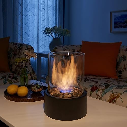 Portable Table Fire Pit, Round Table Top Firepit con Pannelli di Vetro, Mini Fire Pit Table Top Decor per Interni,Nero - Honorern