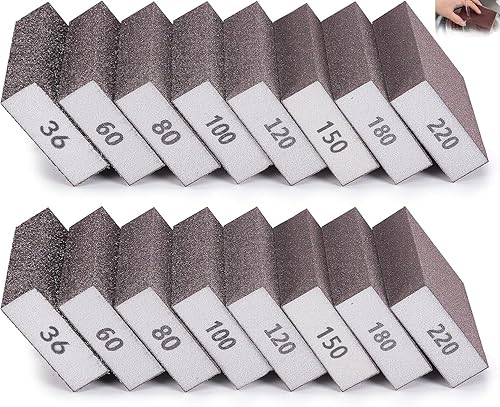 16 Pezzi Spugne Abrasive,Spugna Magica, Lavabile e Riutilizzabile Carta Vetrata, Set Spugne Abrasive Grana 36/60/80/100/120/150/180/220, per Legno e Metallo, Ringhiere, Lucidatura di Mobili - Honorern