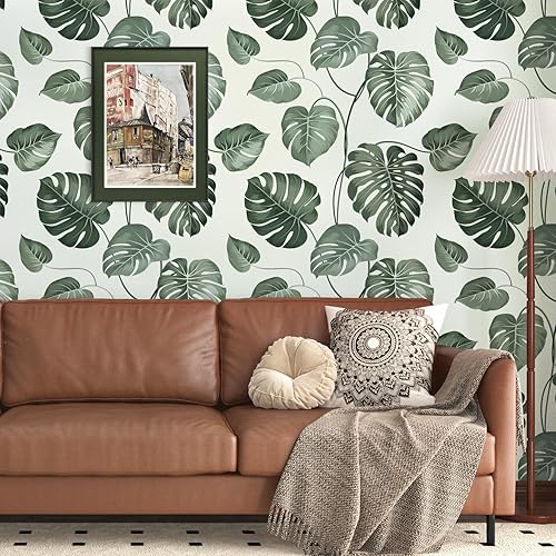 Carta da parati a forma di giungla, grigio-verde, autoadesiva, per mobili, per soggiorno, cucina, 44,5 cm x 300 cm - Honorern