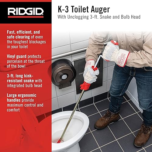 RIDGID 59787 Stasatore per WC K-3, cavo sturatubi per WC da 90 cm con testa a bulbo per liberare WC intasati - Honorern