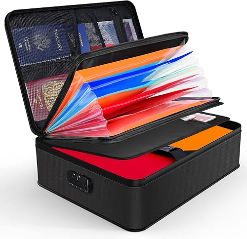 Portadocumenti ignifugo con serratura, 7 scomparti, portadocumenti portatile per documenti importanti, colore: nero - Honorern