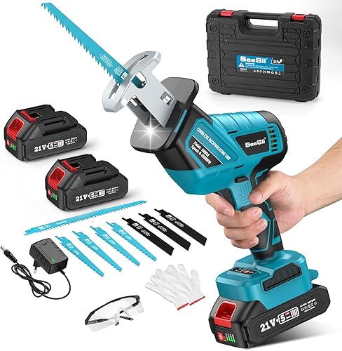 Seesii Sega a sciabola a batteria, 3500 RPM, motore brushless con 2 batterie da 4,0 Ah, luce LED, 8 lame portatili per legno e PVC - Honorern