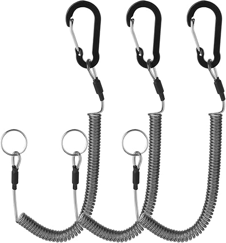 3 portachiavi a spirale, per esterni, cavo a spirale elastico, corda di sicurezza retrattile, corda di supporto per canna da pesca, accessori con clip in lega di alluminio per pinze (nero) - Honorern