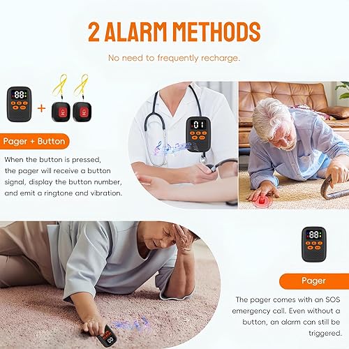 Cuteefun Pulsante Chiamata Emergenza Senza Fili, Pulsante Emergenza Anziani Ricaricabile, Allarme Panico Portatile con Vibrazione per Pazienti Anziani, 16 Melodie, 1 Ricevitore 2 Trasmettitori - Honorern