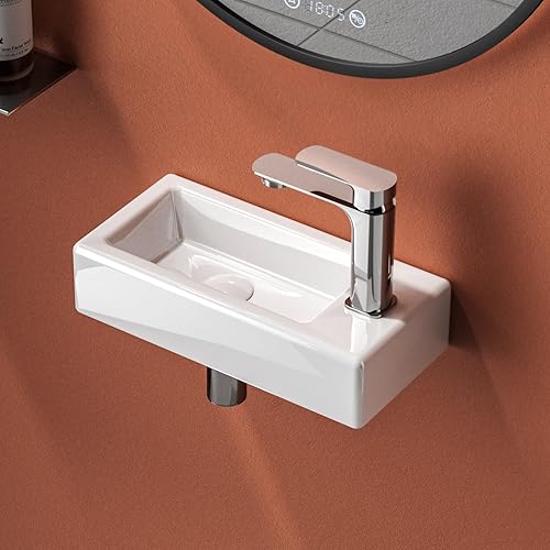 EMKE Lavabo 400 x 215 x 120 mm, lavabo piccolo, lavabo da montare, rubinetto a destra, lavabo sospeso da fissare al muro per WC ospiti e bagno, Nero opaco - Honorern