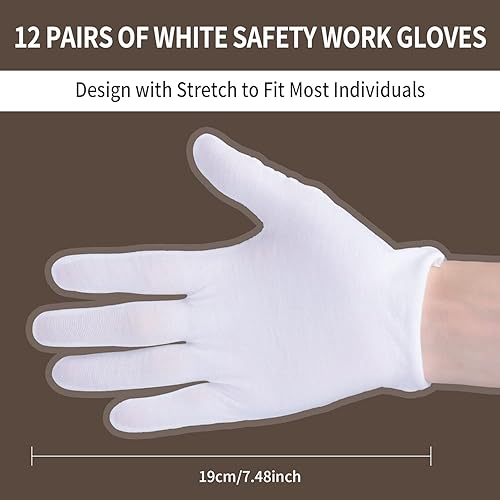 12 Paia di Guanti in Cotone, Guanti in Tessuto Bianco Guanti, Guanti Sottili Cotone per il Giardinaggio Guanti Gioielli Ispezione Taglia Unica (Bianco) - Honorern