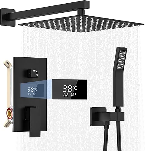 Sistema doccia nero da incasso, in acciaio inox, con display LCD a temperatura, soffione da 30 x 30 cm, doccetta da 200 mm, corpo in ottone, soffione a pioggia nero, tubo doccia da 1,5 m - Honorern