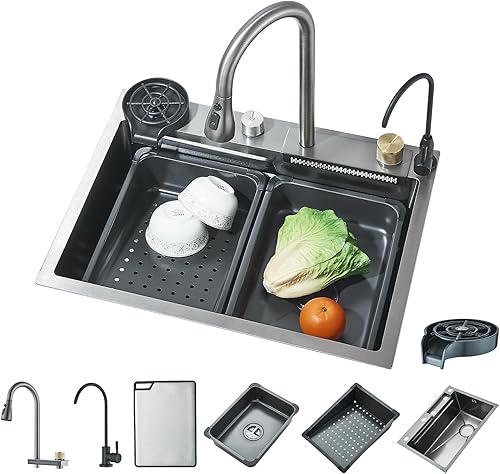 Lavello da Cucina con Display Digitale, Lavello da Cucina in Acciaio Inox, Grigio Canna di Fucile (75 cm X 45 cm)，con Lavatazze e Dispenser di Sapone - Honorern