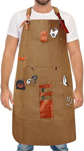Grembiule da saldatore professionale in pelle da uomo con 8 tasche, grembiule da cucina, grembiule da barbecue, per uomini e donne, cinghie incrociate regolabili per parrucchiere - Honorern