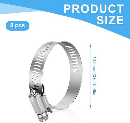 8 pezzi Fascette stringitubo da,in inox 304 16-25mm，fascette metalliche,Fascetta stringitubo regolabile，adatto per Tubi Gas,Acqua - Honorern