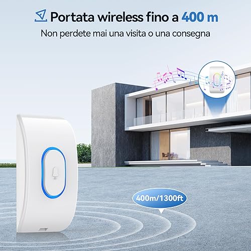 Campanello Senza Fili da Esterno, Campanello Wireless IP65 Impermeabile, 400M Operativo Portata, 60 Suonerie, 5 Volumi Selezionabili, Indicatori RGB (1xTrasmettitore e 1x Ricevitore) - Honorern
