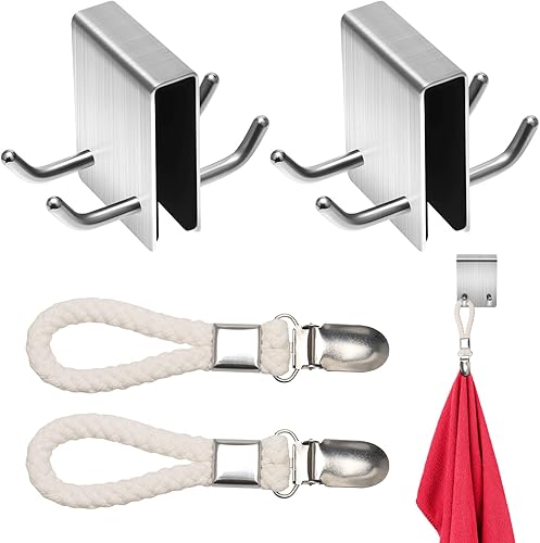 Doppio Gancio per Doccia, 2 Pezzi Gancio Doccia Acciaio Inossidabile Doppio Gancio Set Ganci Asciugamani Bagno + 2 Clip per Asciugamano, per Vetro della Doccia Inferiore a 11 mm - Honorern