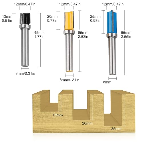 CPROSP 3Pcs Frese per Legno Gambo 8mm per Lavorazione del Legno, Top/Bottom Bearing Flush Trim Bit - Honorern