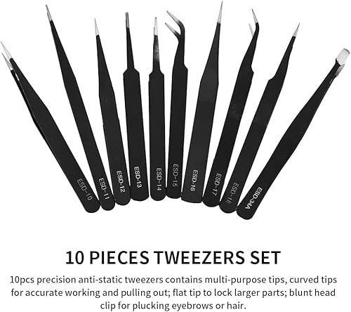 Set di pinzette di precisione, antistatiche in acciaio inox, pinzette per modellismo, pinzette per riparazioni elettroniche, gioielli di precisione (nero + argento) - Honorern
