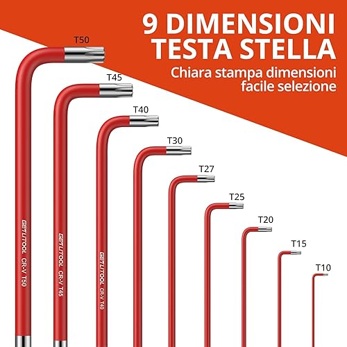 GETLITOOL Set 9PZ Chiavi Esagonali con Testa Stella T10-T50 9 Pezzi Chiave a Brugola Torx Braccio Lungo 9-16CM in Acciaio per Riparazione Bici Elettrodomestici - Rosso - Honorern