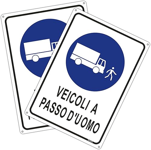 2 pezzi Segnaletica di Sicurezza sul lavoro - Segnali di Obbligo - VEICOLI A PASSO D'UOMO, Targa in metallo in alluminio, antiruggine, 25 x 35 cm - Honorern
