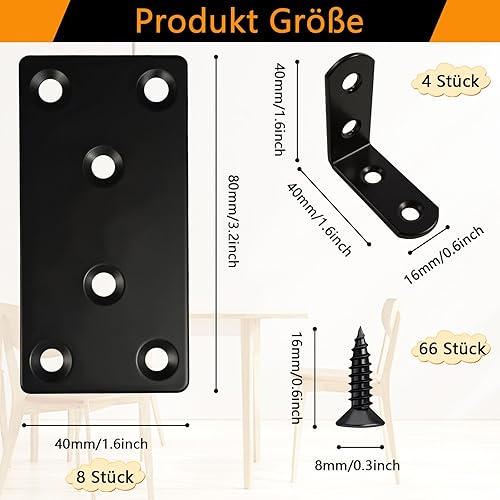 8 Pezzi Piastre Metalliche Per Collegamento Travi, 4Pezzi Squadrette Piane Angolari, Connettori Piatti In Acciaio Inox con 60 Viti, Piastre Forate Per Giunzioni In Legno In Acciaio Inox per Mobili DIY - Honorern