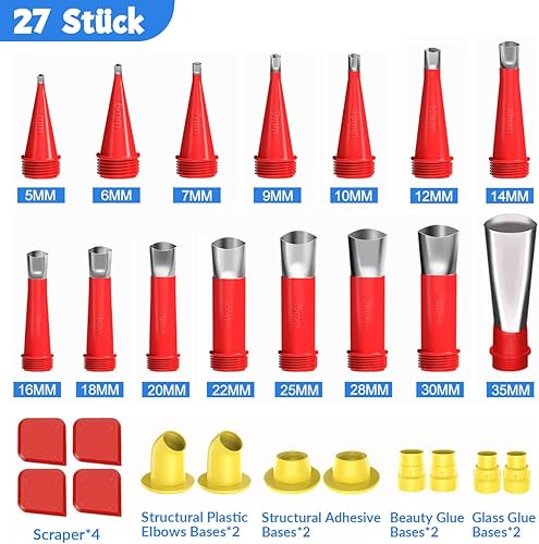 Set di Ugelli per Calafataggio, 27Pcs Kit di Attrezzi per Calafataggio, Applicatore Riutilizzabile Ugelli Calafataggio, Ugelli Silicone in Acciaio Inossidabile con Base e Spatola, Rosso - Honorern