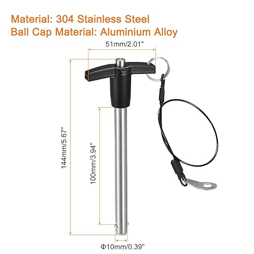 T Maniglia Perni blockggio, 25/64' Perno Diametro 3-15/16' Utilizzo Lunghezza Inossidabile Acciaio Pulsante Rapido Rilascio Perno con Cordino Cavo (10mm-100mm) - Honorern