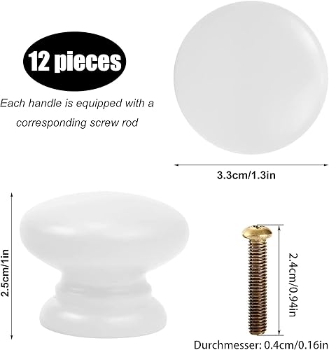 12 pezzi Bianca Pomelli per Porta in Legno Rotondo Manopole Bianche Pomelli Bianchi Legno per Mobili, armadio - Honorern