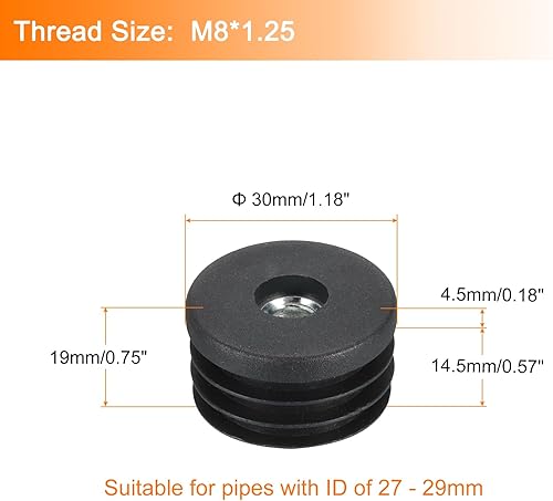 6pz Inserti per Tubi Tondi con Filettatura M8, per Tubi Rotondi 25mm/0,98' OD Tappo Rotondo Plastica Nera con Inserto per Rotelle Tappi Sedie Gambe Mobili - Honorern