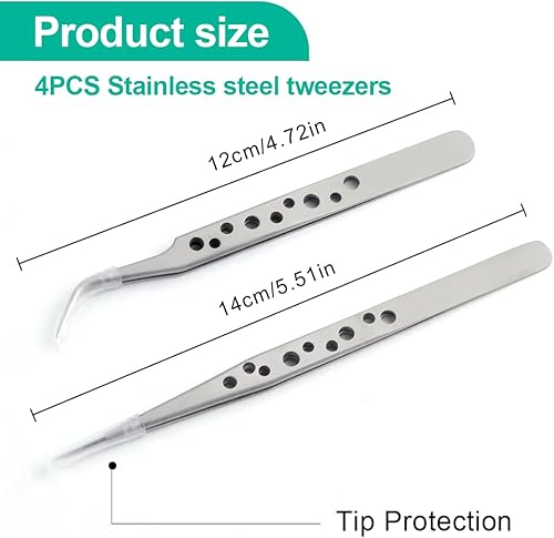 4 pezzi Pinzette,Pinzette di precisione,Pinzette modellismo,Pinzette a Gomito Pinzette a Punta,Pinzette industriali,pinzette in acciaio inox,Antistatico,per DIY Jewelry,Elettronica,Lab - Honorern