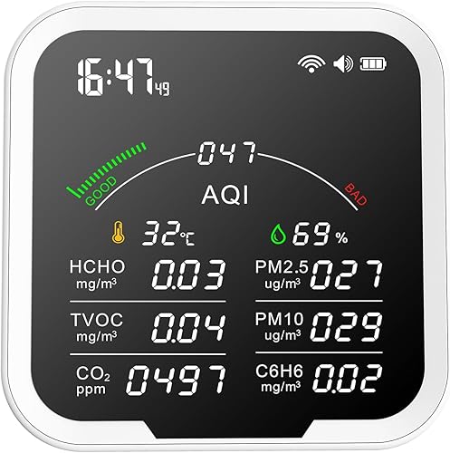 Misuratore di qualità dell'aria portatile HCHO/TVOC/CO2/PM2,5/PM10/AQI/C6H6, tester di temperatura e di influenza dell'aria da 4,8 pollici, rilevatore di anidride carbonica a grande schermo con - Honorern